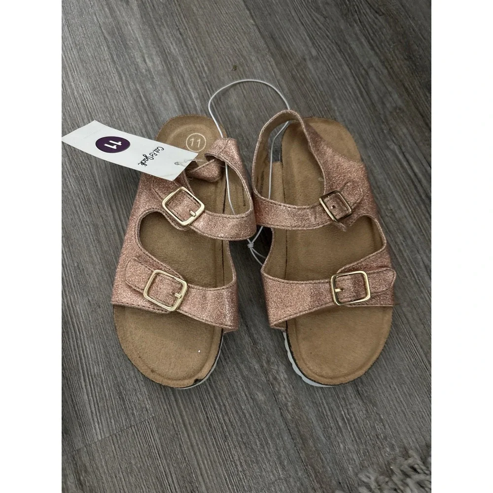 Cat & Jack Rose Gold Glitter Double Buckle Footbed Sandals Girls Size 11 NWT